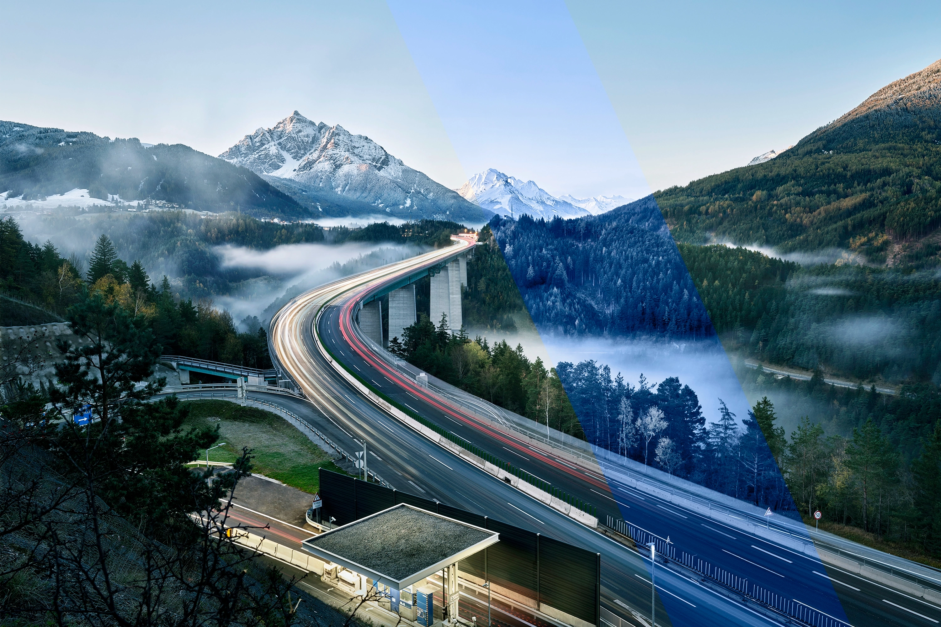 Im folgenden Slider sieht man zuerst ein Bild der Stadt Wien und danach ein Bild einer Autobahnbrücke.